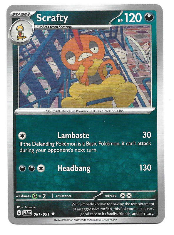 SCRAFTY -  COMMON  61/91 POKEMON TCG PALDEAN FATES  TRADING CARD