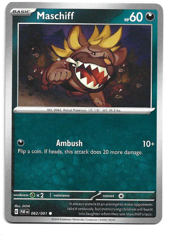 MASCHIFF -  COMMON  62/91 POKEMON TCG PALDEAN FATES  TRADING CARD