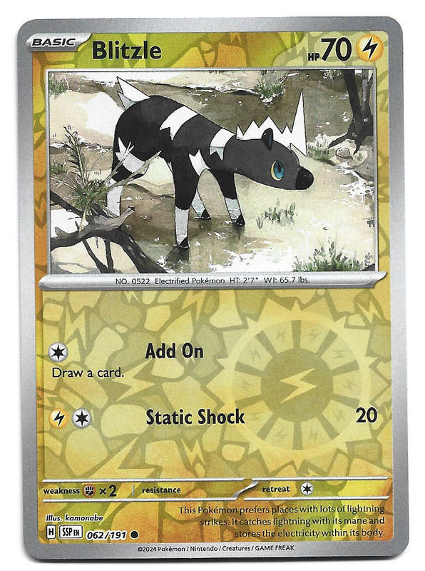 BLITZLE  - REVERSE HOLO  62/191 POKEMON TCG SURGING SPARKS TRADING CARD