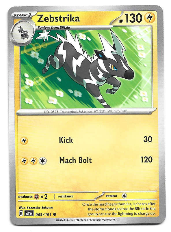 ZEBSTRIKA -  COMMON  63/191 POKEMON TCG SURGING SPARKS TRADING CARD