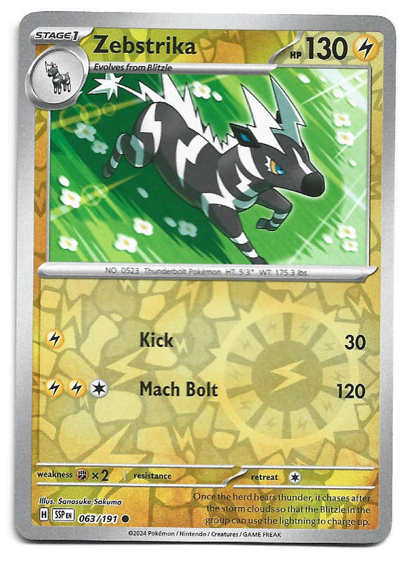 ZEBSTRIKA -  REVERSE HOLO 63/191 POKEMON TCG SURGING SPARKS TRADING CARD