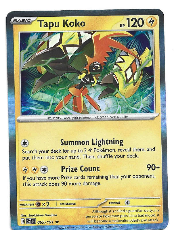 TAPU KOKO -  HOLO RARE   65/191  POKEMON TCG SURGING SPARKS TRADING CARD
