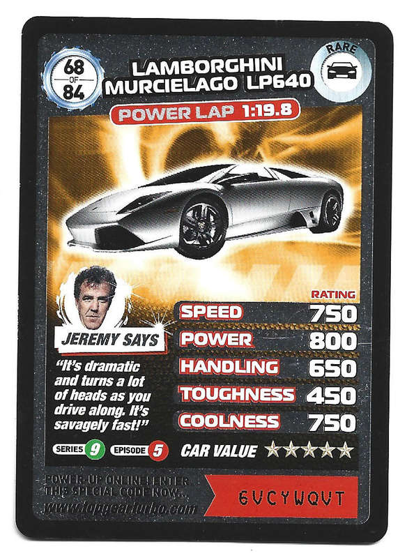 LAMBORGHINI MURCIALAGO - `BBC` TOP GEAR TURBO CHALLENGE PROTOTYPE SET - RARE TRADING CARD 68/84