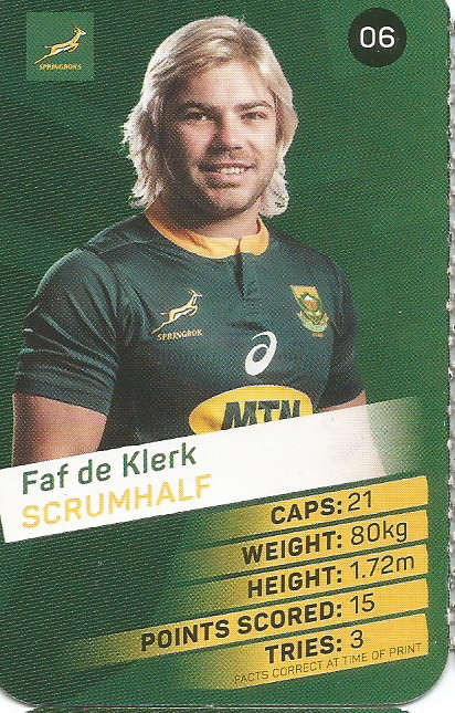 FAF DE KLERK -  2019 Pick n Pay Rugby World Cup  COLLECTION CARD 06