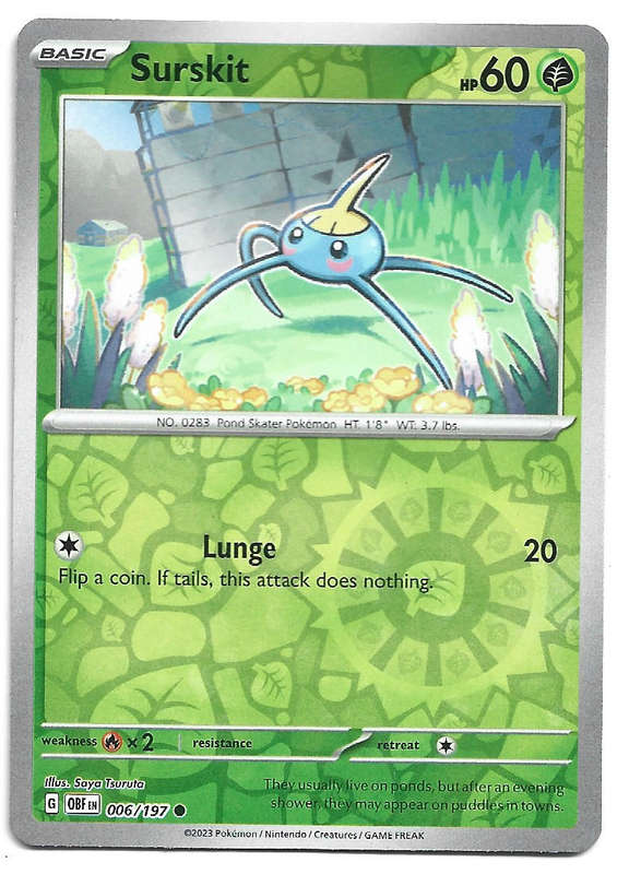 SURSKIT - REVERSE HOLO  6/197 POKEMON TCG OBSIDIAN FLAMES TRADING CARD