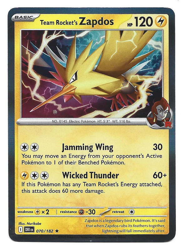 TEAM ROCKET's ZAPDOS - HOLO RARE  70/182  POKEMON TCG DESTINED RIVALS TRADING CARD