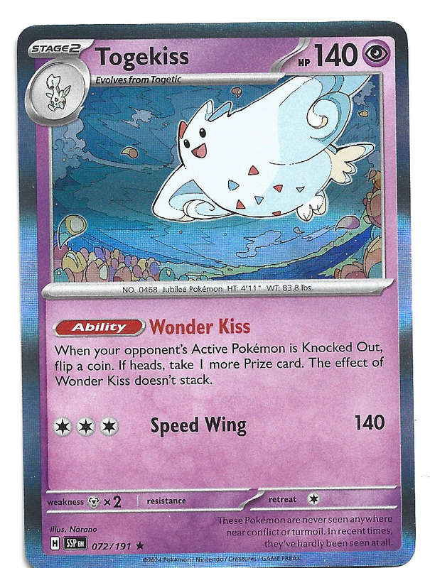 TOGEKISS -  HOLO RARE   72/191  POKEMON TCG SURGING SPARKS TRADING CARD