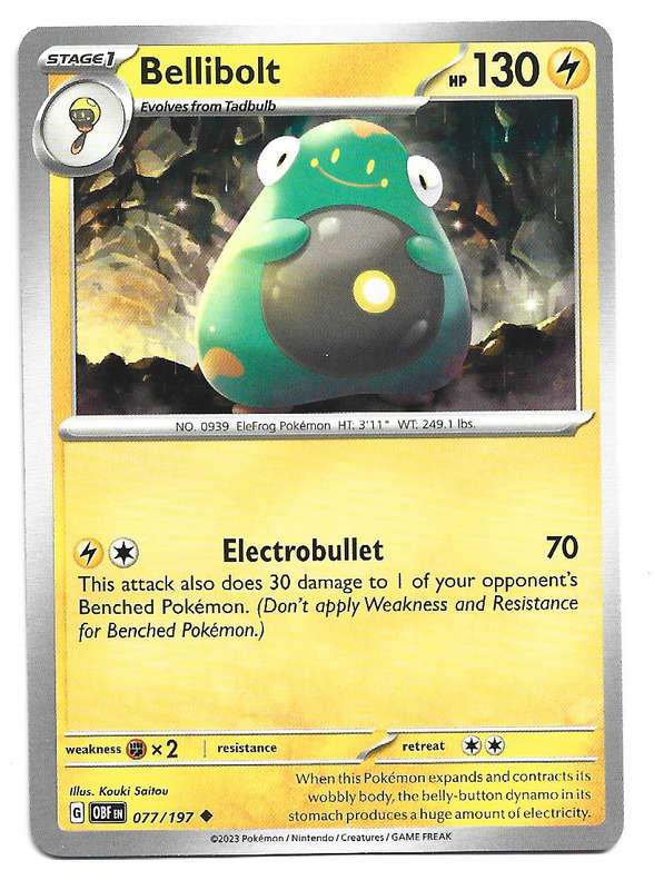 POKEMON CARD - BELLIBOLT  77/197 COMMON OBSIDIAN FLAMES 2023 - MINT