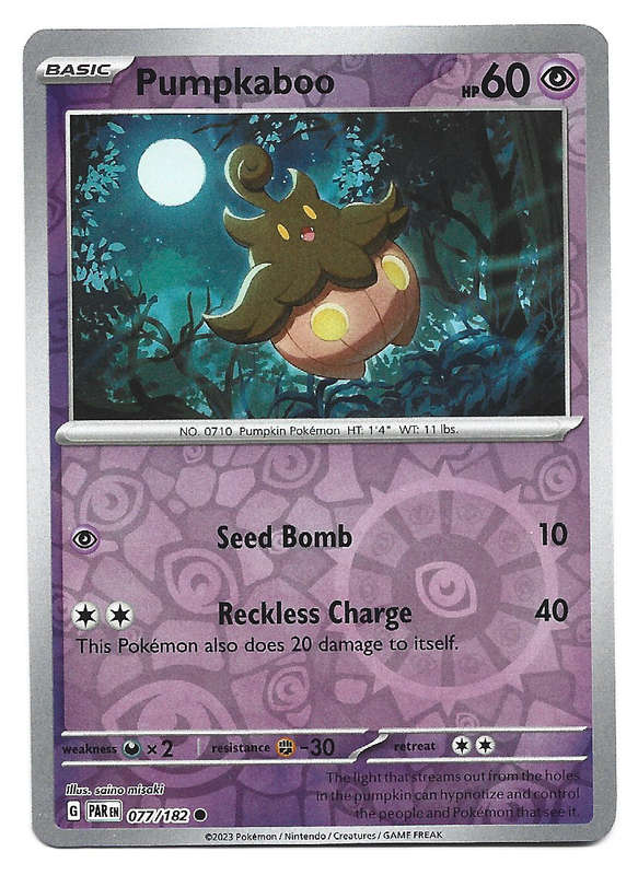 POKEMON CARD - PUMPKABOO  77/182 REVERSE HOLO PARADOX RIFT TRADING CARD - MINT