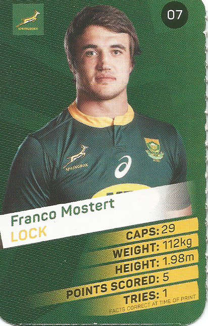 FRANCO MOSTERT -  2019 Pick n Pay Rugby World Cup  COLLECTION CARD 07