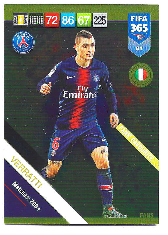 MARCO VERRATTI - PANINI FIFA 365 2019 COLLECTION - FOIL `FANS FAVOURITE` TRADING CARD 84