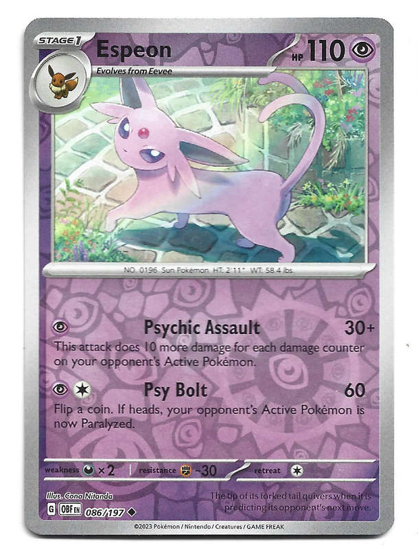 ESPEON -  REVERSE HOLO  86/197  POKEMON TCG OBSIDIAN FLAMES TRADING CARD