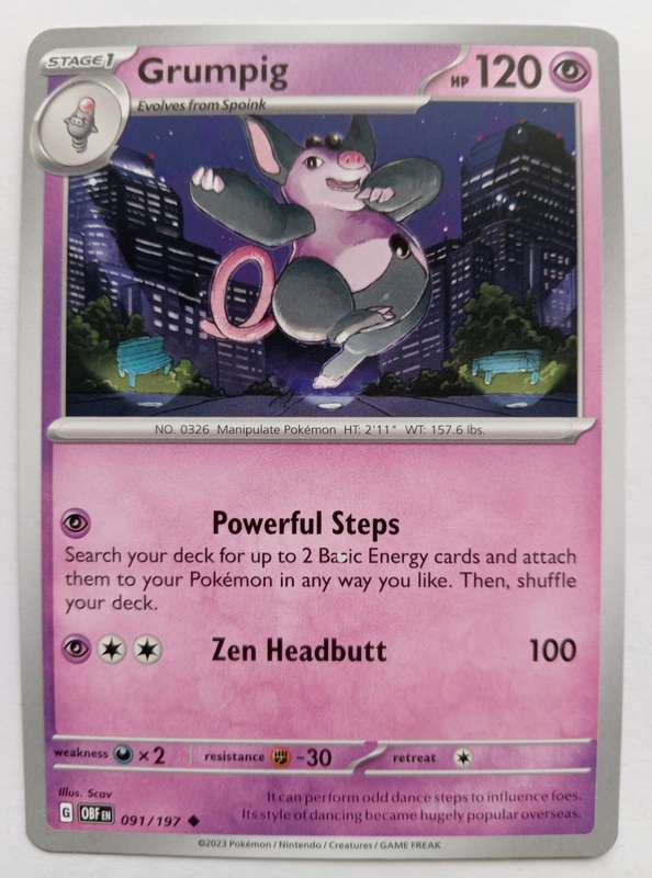 POKEMON CARD - GRUMPIG  91/197 COMMON OBSIDIAN FLAMES 2023 - MINT