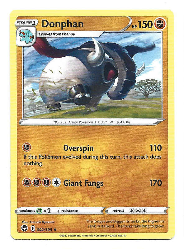 DONPHAN - COMMON  92/195  POKEMON TCG SILVER TEMPEST TRADING CARD