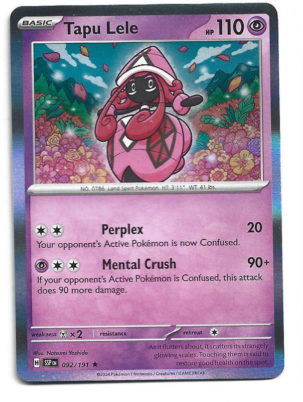 TAPU LELE -  HOLO RARE  92/191 POKEMON TCG SURGING SPARKS TRADING CARD