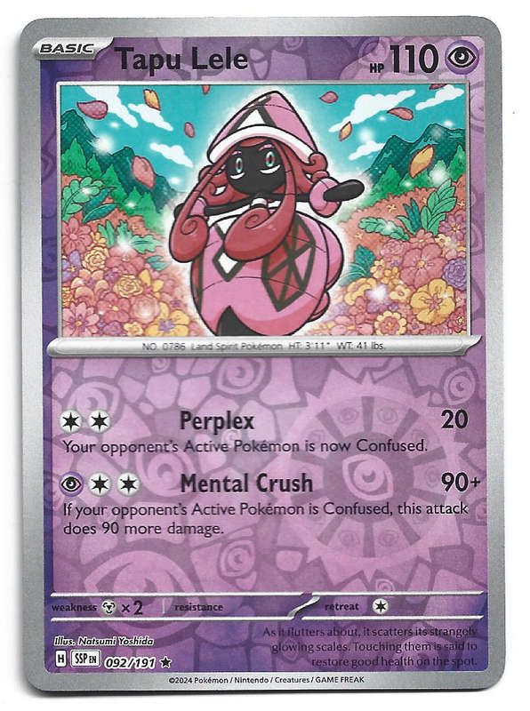 TAPU LELE -  REVERSE HOLO 92/191 POKEMON TCG SURGING SPARKS TRADING CARD