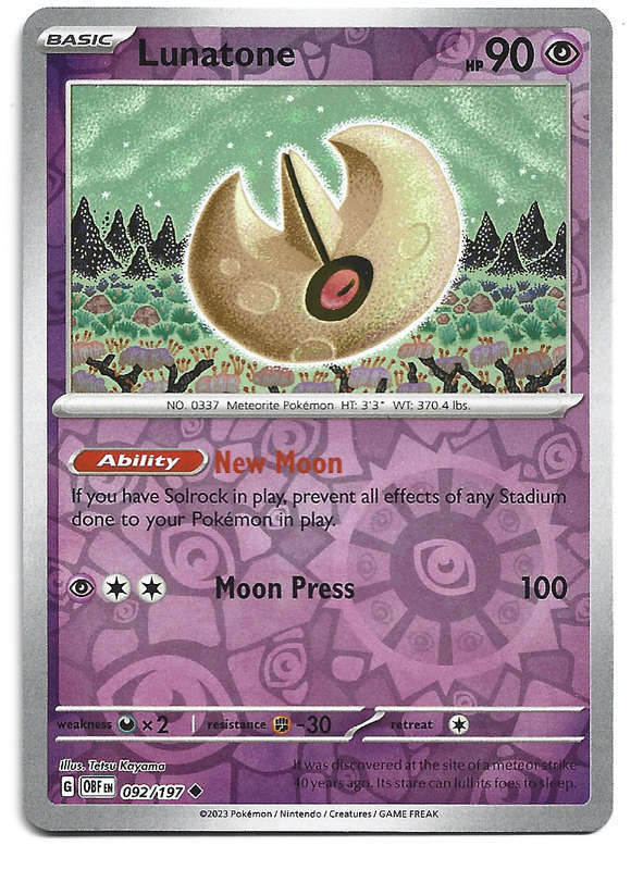 LUNATONE - REVERSE HOLO  92/197  POKEMON TCG OBSIDIAN FLAMES TRADING CARD