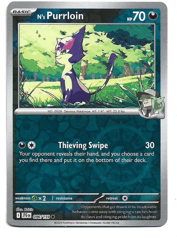 N's PURRLOIN -  REVERSE HOLO 96/159 POKEMON TCG JOURNEY TOGETHER TRADING CARD