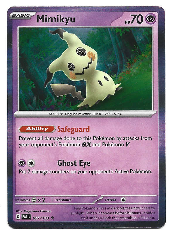 POKEMON CARD - MIMIKYU  97/193  Rare Holo  Paldea Evolved Trading Card - Mint