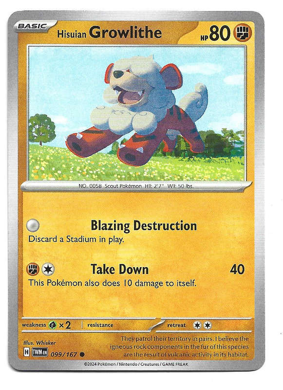 HISUIAN GROWLITHE - COMMOM  99/167 POKEMON TCG TWILIGHT MASQUERADE TRADING CARD