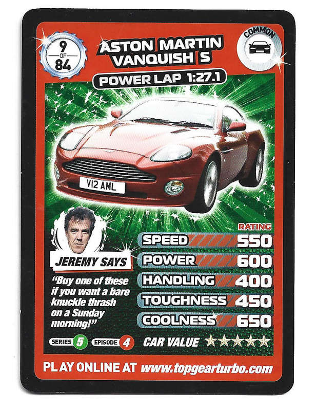 ASTOM MARTIN VANQUISH S - `BBC` TOP GEAR TURBO CHALLENGE PROTOTYPE SET - COMMON TRADING CARD 9/84