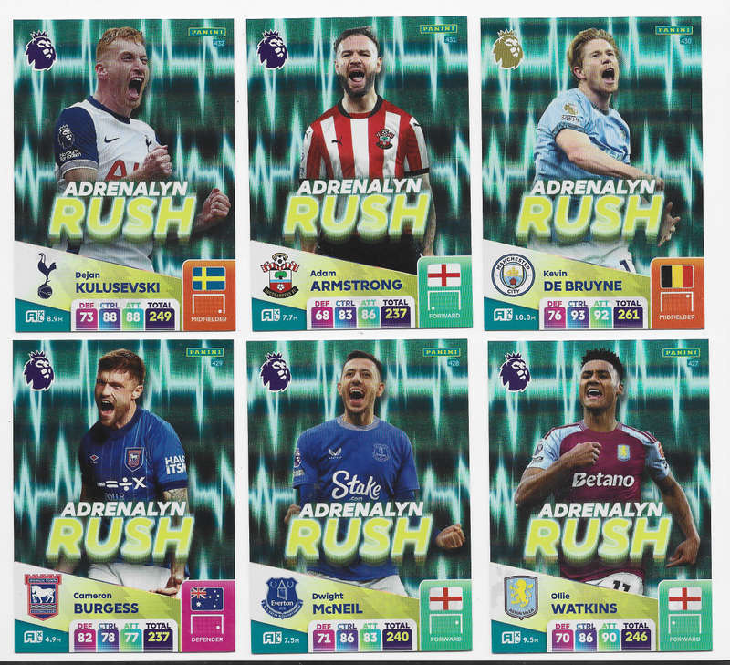 PANINI English Premier League 2024/25 - COMPLETE SET of 6 FOIL "ADRENALYN RUSH" TRADING CARDS
