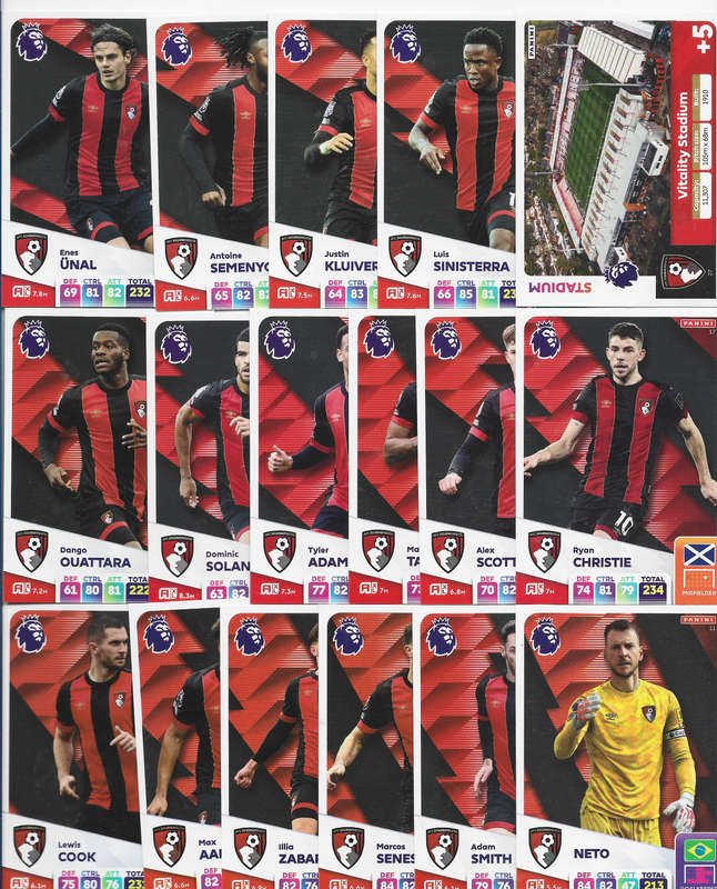 AFC BORNEMOUTH  - PANINI English Premier League 2024/25 - COMPLETE TEAM SET of 23 TRADING CARDS