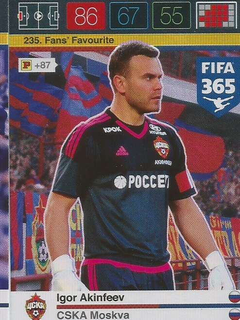 IGOR AKINFEEV - PANINI "FIFA 365" 2016 COLLECTION - FOIL "FANS FAVOURITE" TRADING CARD 235