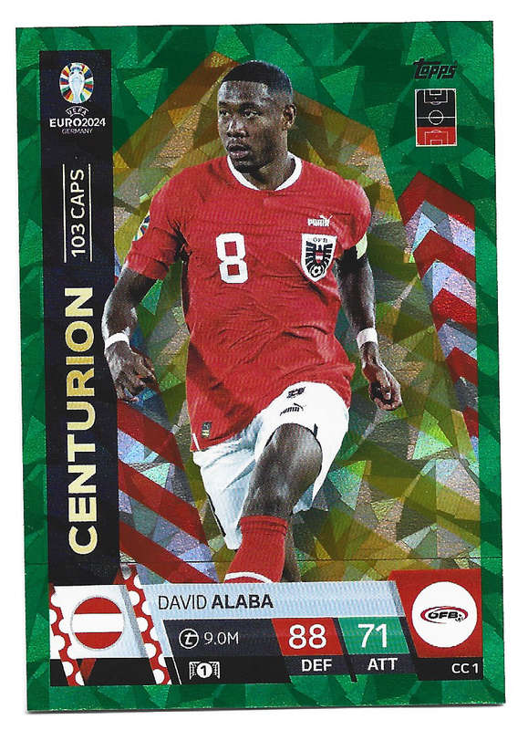 DAVID ALABA - Topps `UEFA EURO 2024` Collection -  EMERALD PARALLEL`CENTURION` Trading Card CC1
