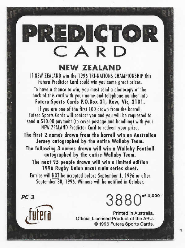 ALL BLACKS - FUTERA RUGBY 1996 COLLECTION - `HOBBY` GOLD `PREDICTOR` CARD PC2 3880 of 4000