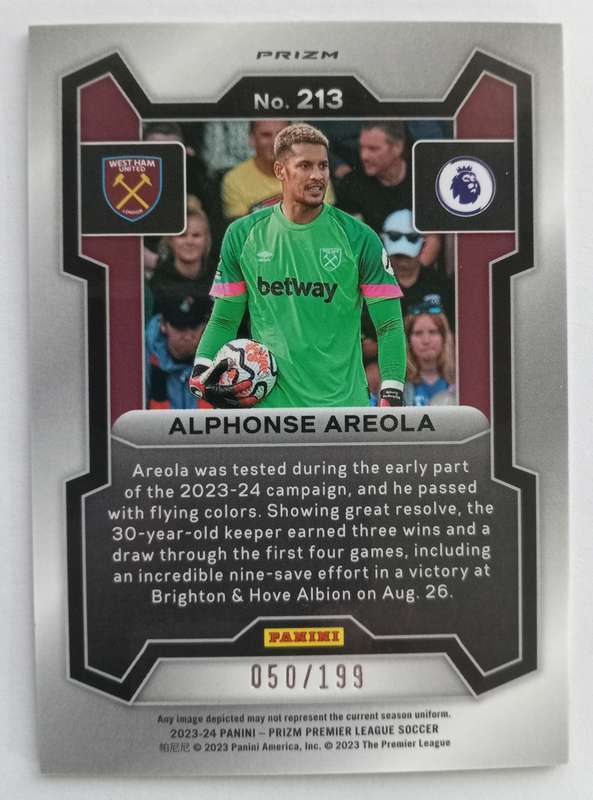 ALPHONSE AREOLA (West Ham)  - PANINI PREMIER LEAGUE PRIZM 2023/24 - RED PRIZM TRADING CARD 50 of 199