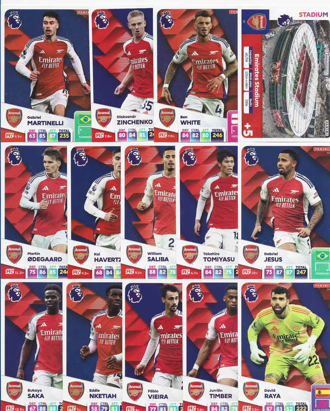 ARSENAL FC  - PANINI English Premier League 2024/25 - COMPLETE TEAM SET of 23 CARDS