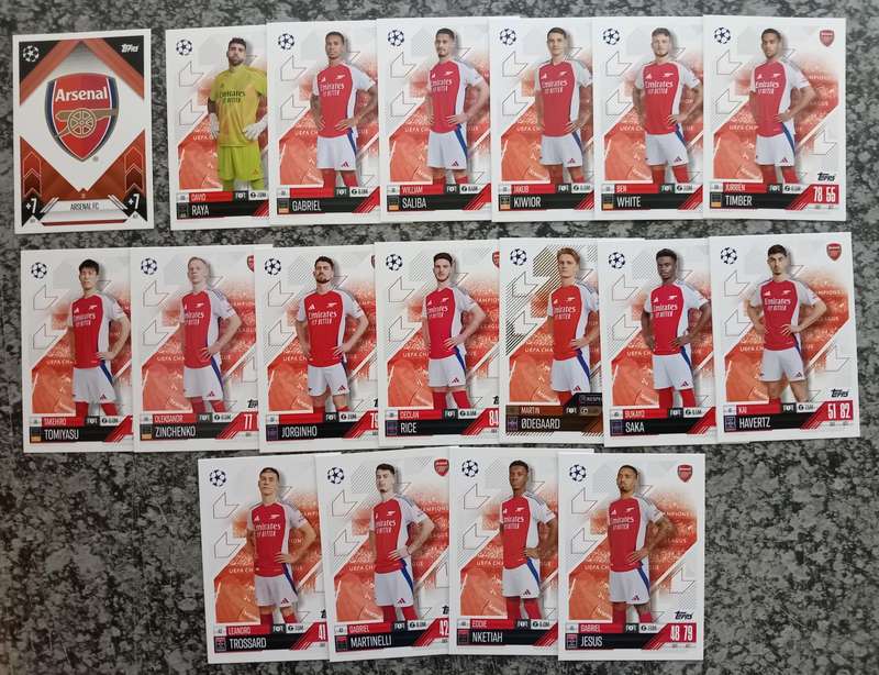 ARSENAL FC - TOPPS UEFA CHAMPIONS LEAGUE 2024/25 Collection -COMPLETE TEAM SET of 18 TRADING CARDS