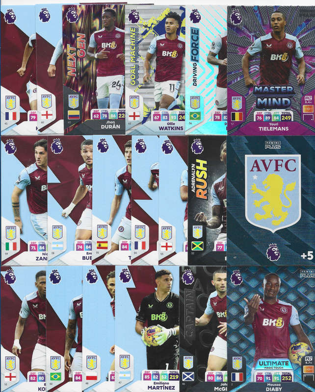 ASTON VILLA FC - PANINI English Premier League PLUS 2024 - COMPLETE TEAM SET of 19 TRADING CARDS
