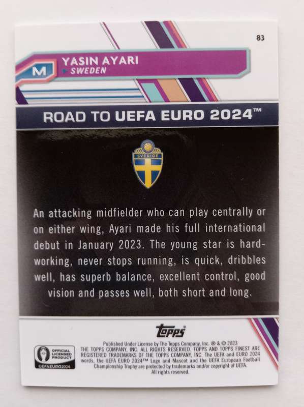 YASIN AYARI (Sweden) - TOPPS FINEST CHROME RT EURO 2024 - ROOKIE  CHROME TRADING CARD 89 of 150