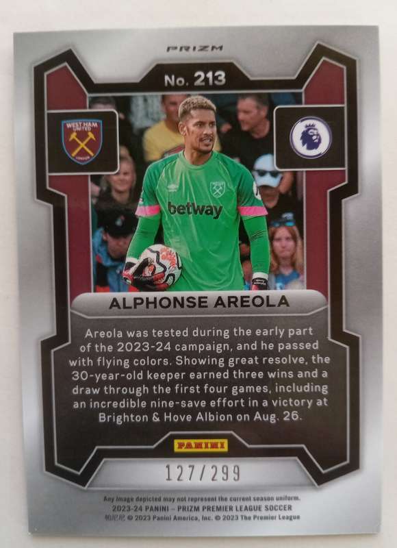 ALPHONSE AREOLA (West Ham)  - PANINI PREMIER LEAGUE PRIZM 2023/24 - CHROME BLUE ICE CARD 127 of 299