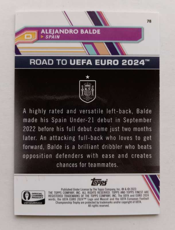 ALEJANDRO BALDE (Spain) - TOPPS FINEST CHROME RT EURO 2024 - ROOKIE  CHROME TRADING CARD 74 of 250