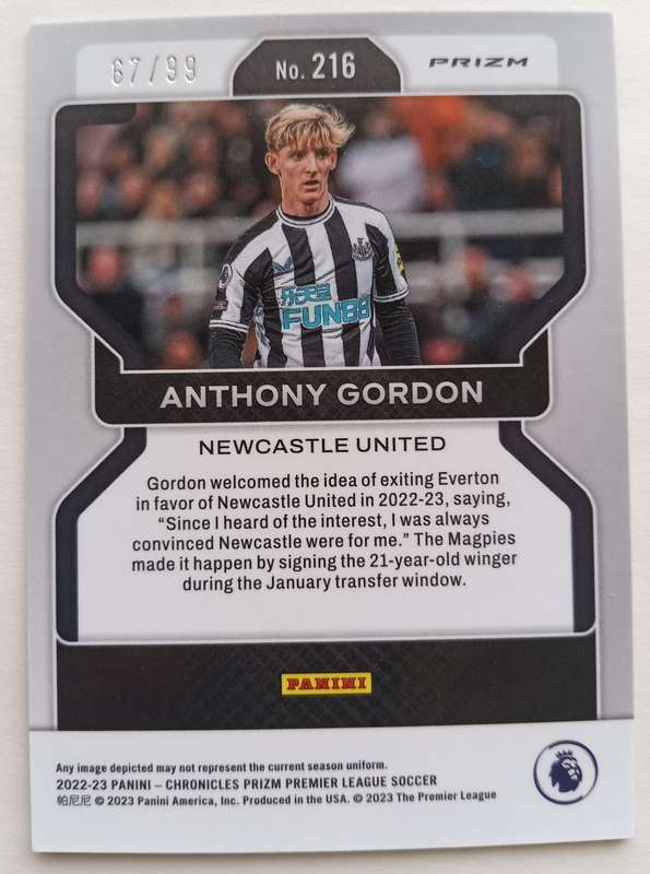 ANTHONY GORDON (Newcastle)  - PANINI PREMIER LEAGUE PRIZM 2023 - RARE TRADING CARD 67 of 99