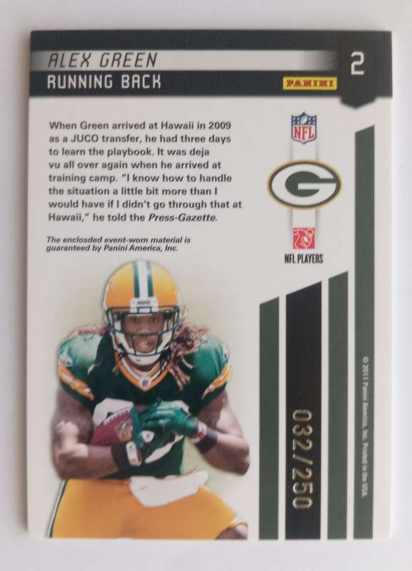 ALEX GREEN (Packers) - PANINI NFL 2011 COLLECTION - RARE "GAME JERSEY" TRADING CARD 32 of 250