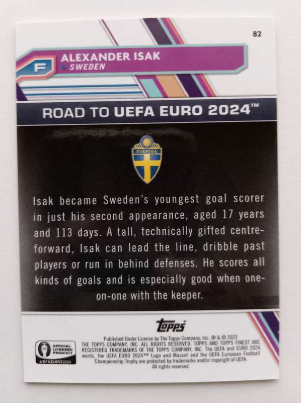 ALEXANDER ISAK (Sweden) - TOPPS FINEST CHROME RT EURO 2024 - SAPHIRE CHROME TRADING CARD 115 of 250