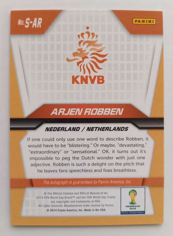 ARJEN ROBBEN - PANINI PRIZM FIFA WORLD CUP 2014 - RARE `CERTIFIED AUTOGRAPH` TRADING CARD S-AR