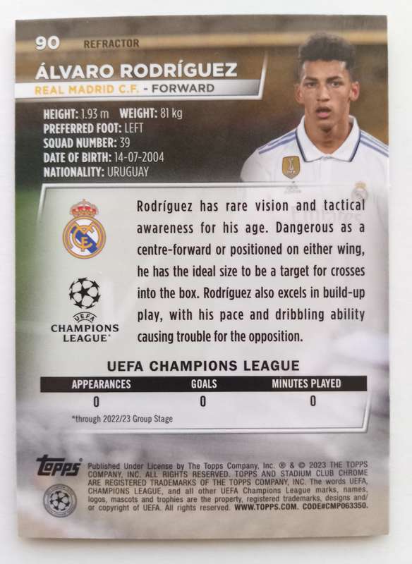 ALVARO RODRIGUEZ (Real Madrid) - TOPPS STADIUM CHROME 2023 - CHROME ROOKIE TRADING CARD 90
