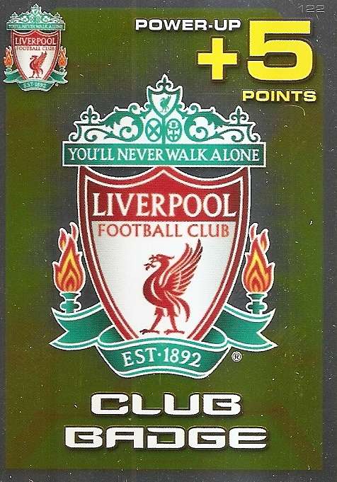 LIVERPOOL BADGE - PANINI LIVERPOOL 2011/12 COLLECTION - RARE GOLD  "SPECIAL" TRADING CARD 122