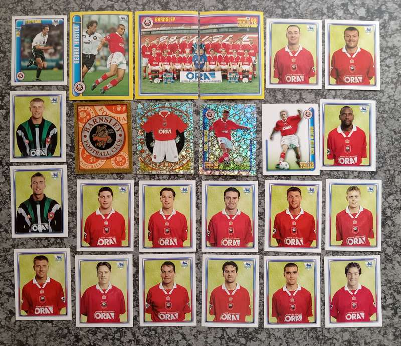 BARNSLEY FC - MERLIN Premier League sticker collection 1998 - COMPLETE TEAM SET OF 24 STICKERS