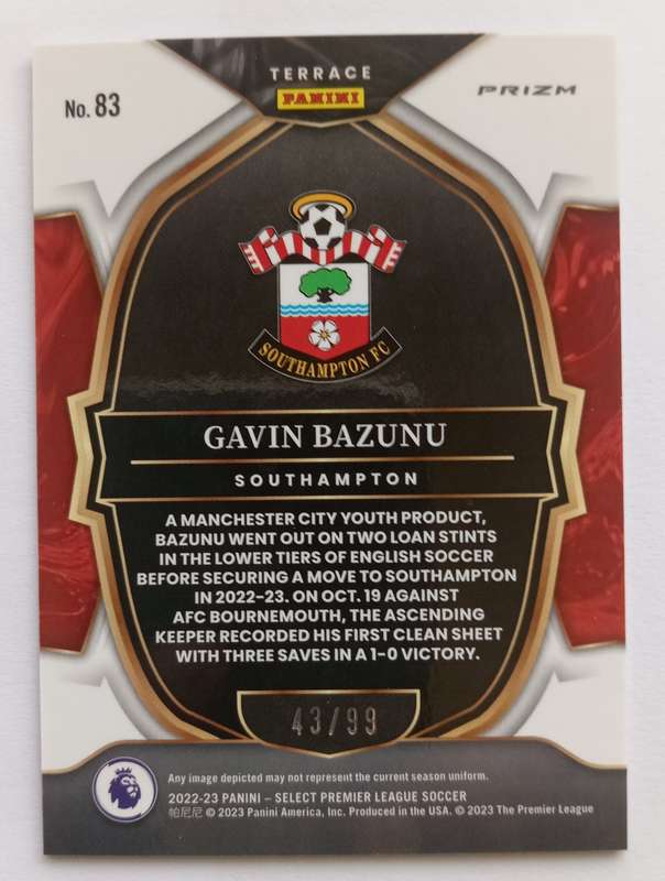 GAVIN BAZUNU (Southampton) - PANINI PRIZM SELECT TERACE EPL 2023 - ORANGE PRIZM ROOKIE CARD 43 of 99