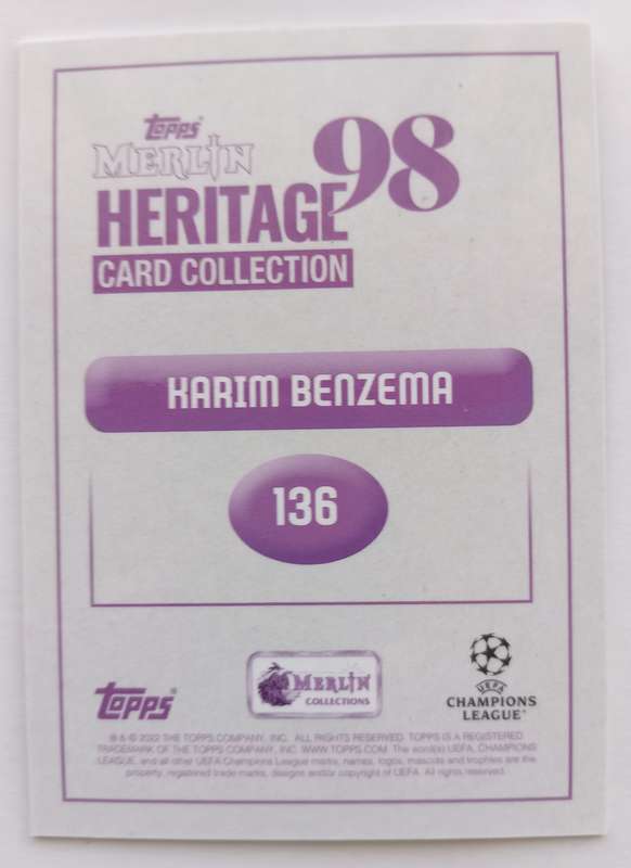 KARIM BENZEMA (Real Madrid) - TOPPS MERLIN HERITAGE 98 - FOIL "CAPTAIN" TRADING CARD 136