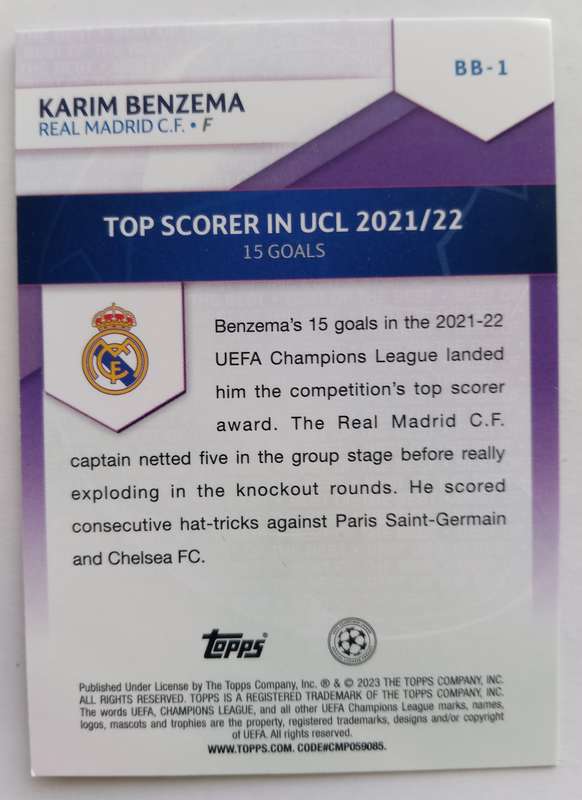 KARIM BENZEMA (Real Madrid) - TOPPS Champ/League 2023 - "Best of the Best" Top Scorer trading card