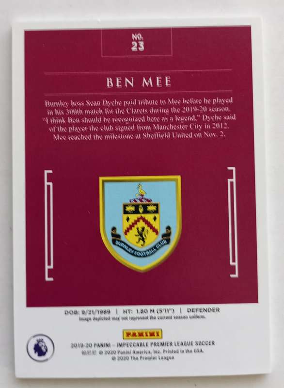 BEN MEE (BURNLEY) - PANINI IMMACULATE COLLECTION 2020 - RARE TRADING CARD 63 of 65