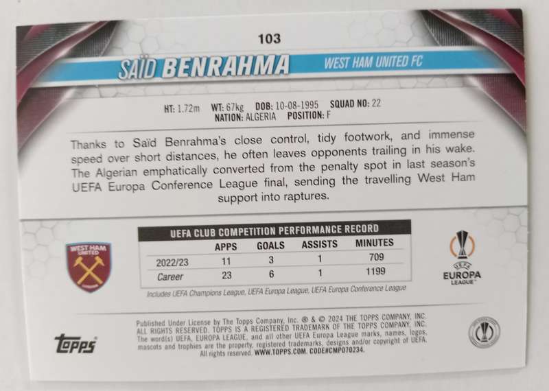 SAID BERHANDA (West Ham) - TOPPS Champ League 2024 - PINK SPARKLE TRADING CARD 103