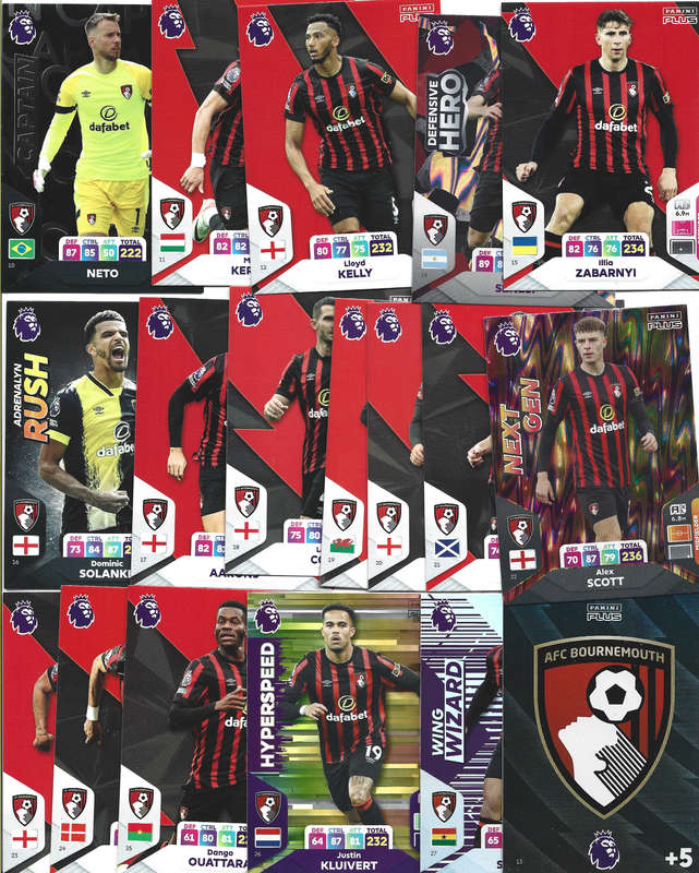 BORNEMOUTH AFC - PANINI English Premier League PLUS 2024 - COMPLETE TEAM SET of 18 TRADING CARDS